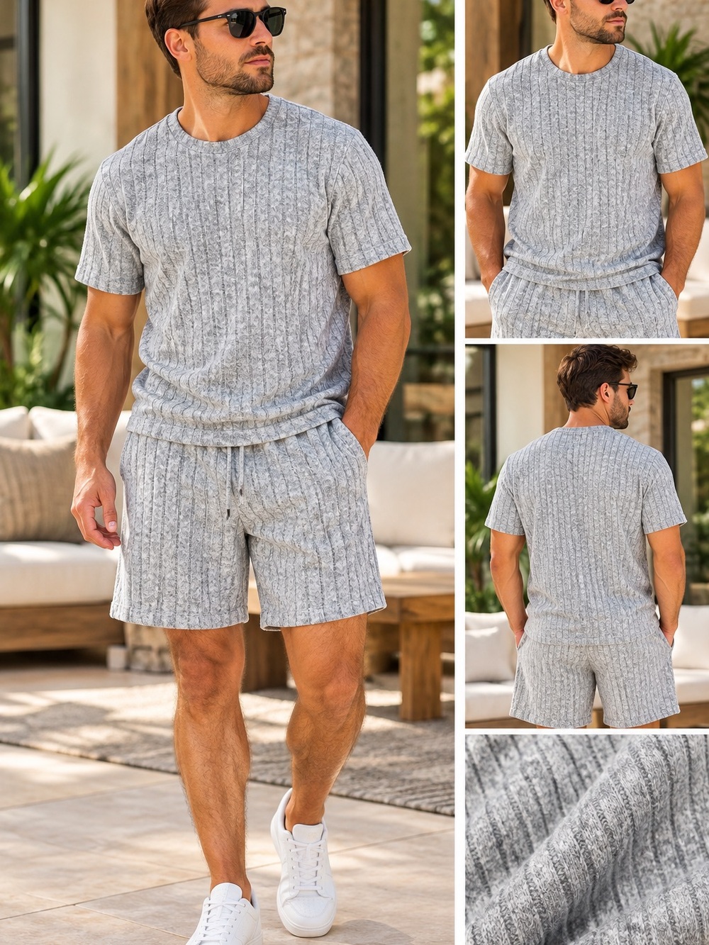 Men’s Gray Ribbed 2-Piece Lounge Set Casual – T-Shirt & Shorts 🩶
